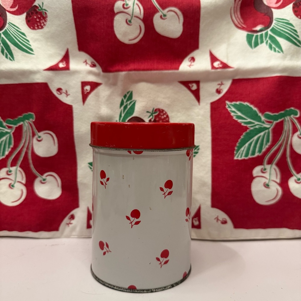 Vintage White and Red Cherry Tin Canister kitchen